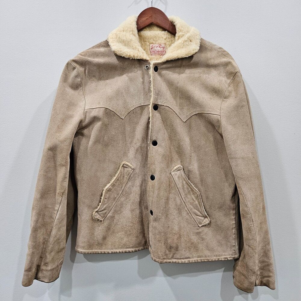Vintage Jo O Kay Suede Leather Chore Jacket XL Tan Sherpa Cowboy Western Ranch